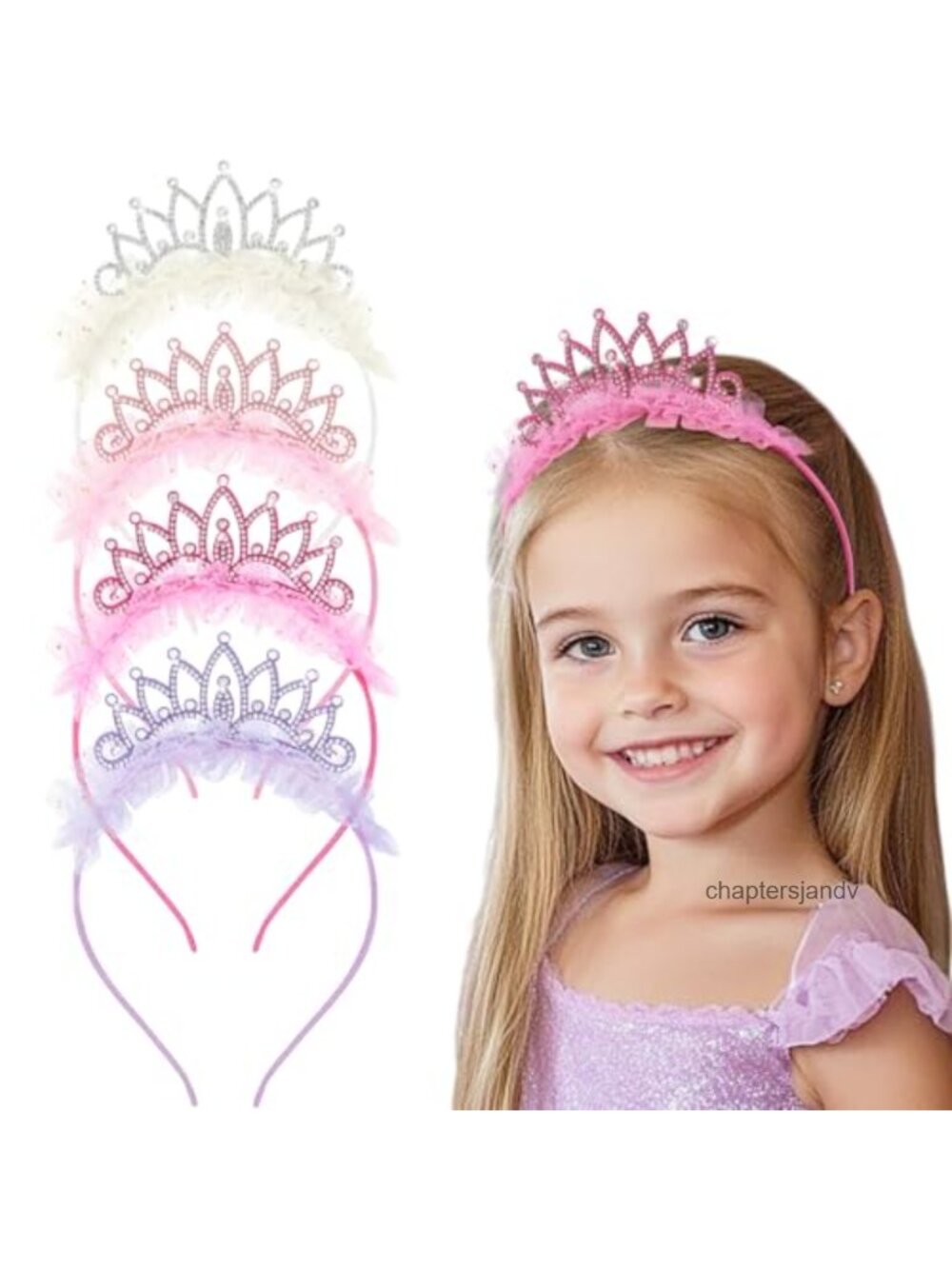 4 PCS Princess Crown Headbands Rhinestone Tulle Hairband for Girls